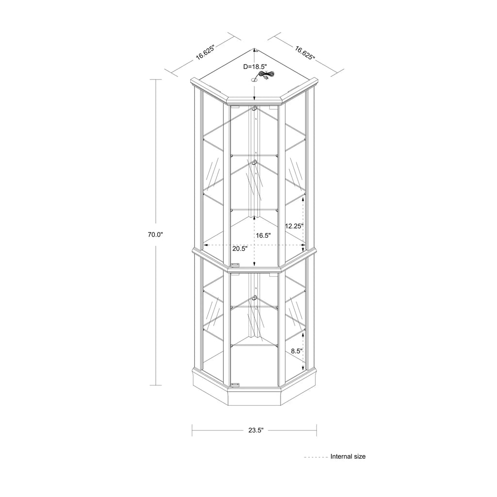 Nouveauté 2026 – Vitrine d'angle en noyer avec 6 étagères, fond en verre et miroir réglable, éclairage intégré