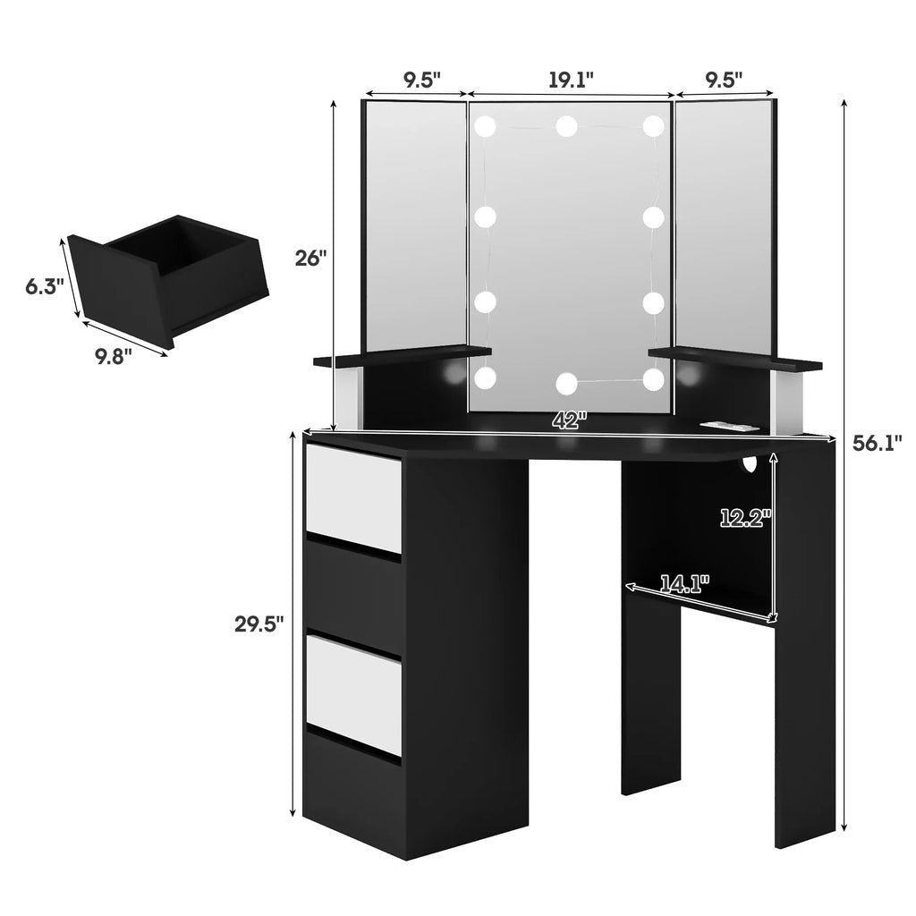 Nouveauté 2026 – Coiffeuse d'angle en placage bois blanc avec miroir et lumière, table de maquillage avec 4 tiroirs et station de recharge pour chambre à coucher