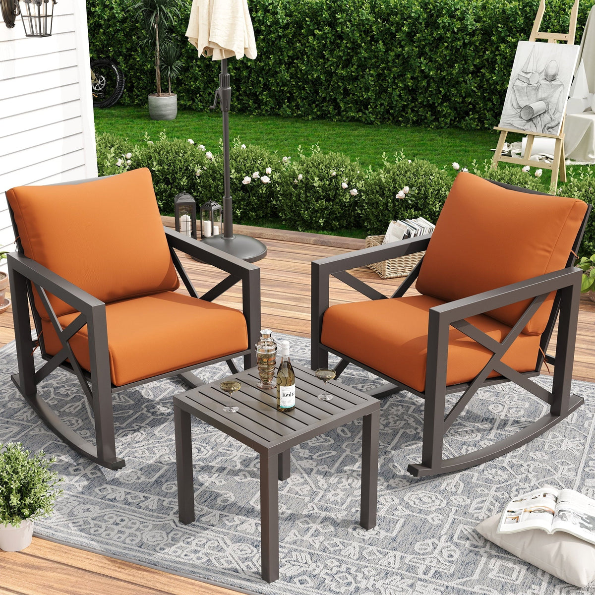 Nouveauté 2026 – Ensemble bistro MRUAKA , 3 pièces, comprenant 2 fauteuils à bascule et 1 table basse en métal avec coussins épais, idéal pour véranda, jardin ou bord de piscine, couleur beige