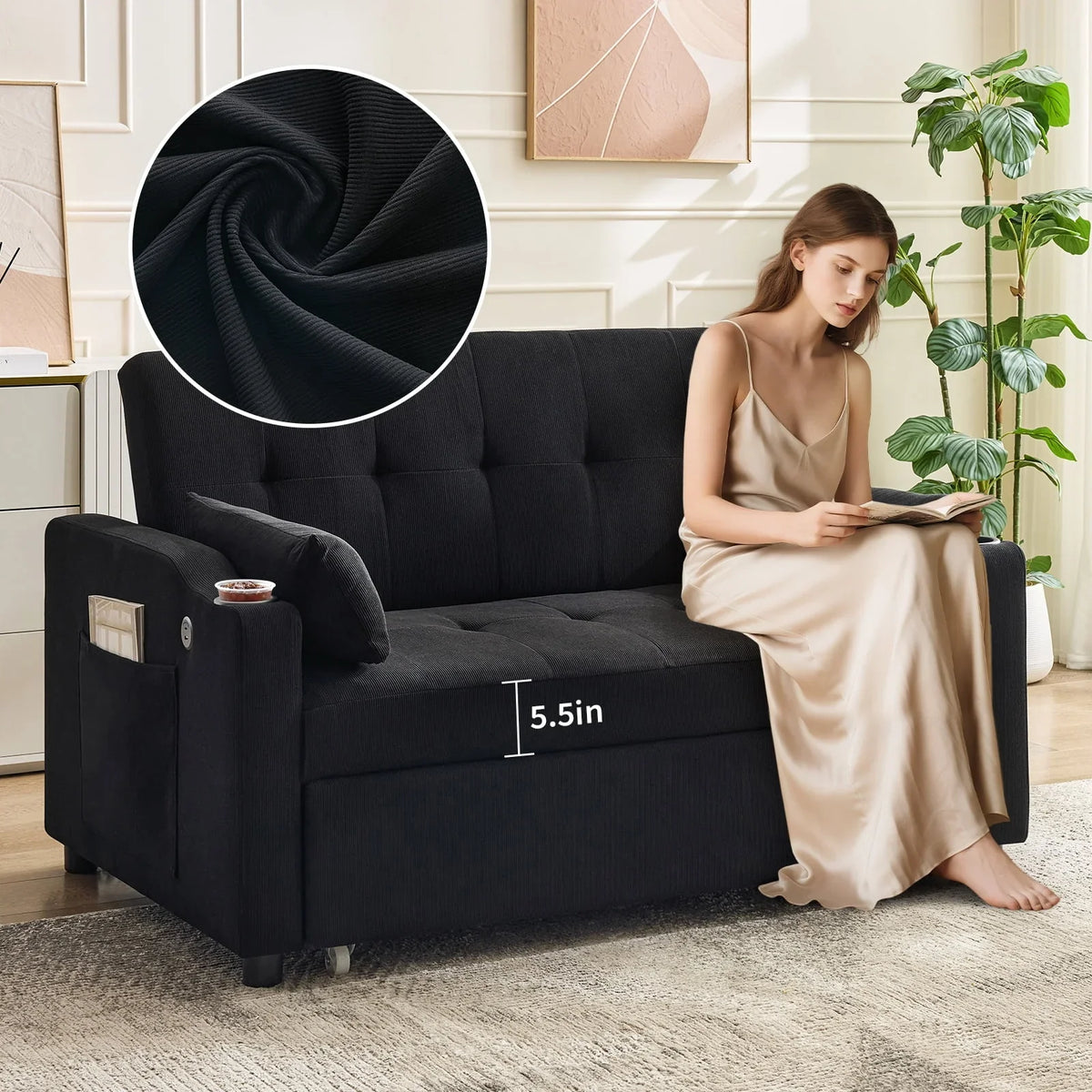 Nouveauté 2026 – Canapé-lit convertible 3 en 1, modèle , en velours côtelé avec lit gigogne, dossier réglable, port de chargement et poches latérales. Canapé moderne et capitonné pour salon ou chambre d'amis