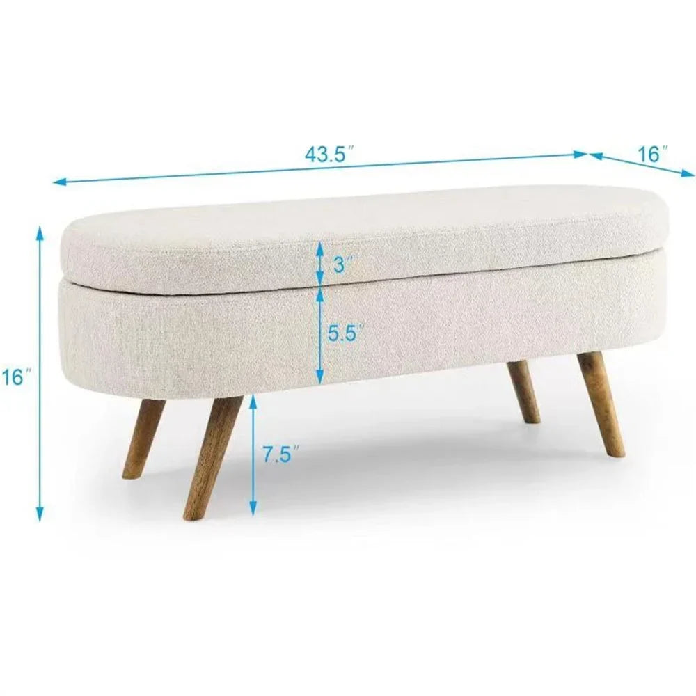 Nouveauté 2026 – Nouveau banc ottoman de rangement ovale de 110 cm (43,5 po) avec pieds en bois massif, revêtement en lin, charnière de sécurité, idéal pour l'entrée ou comme banc d'intérieur au pied du lit, à côté d'un canapé ou dans une entrée