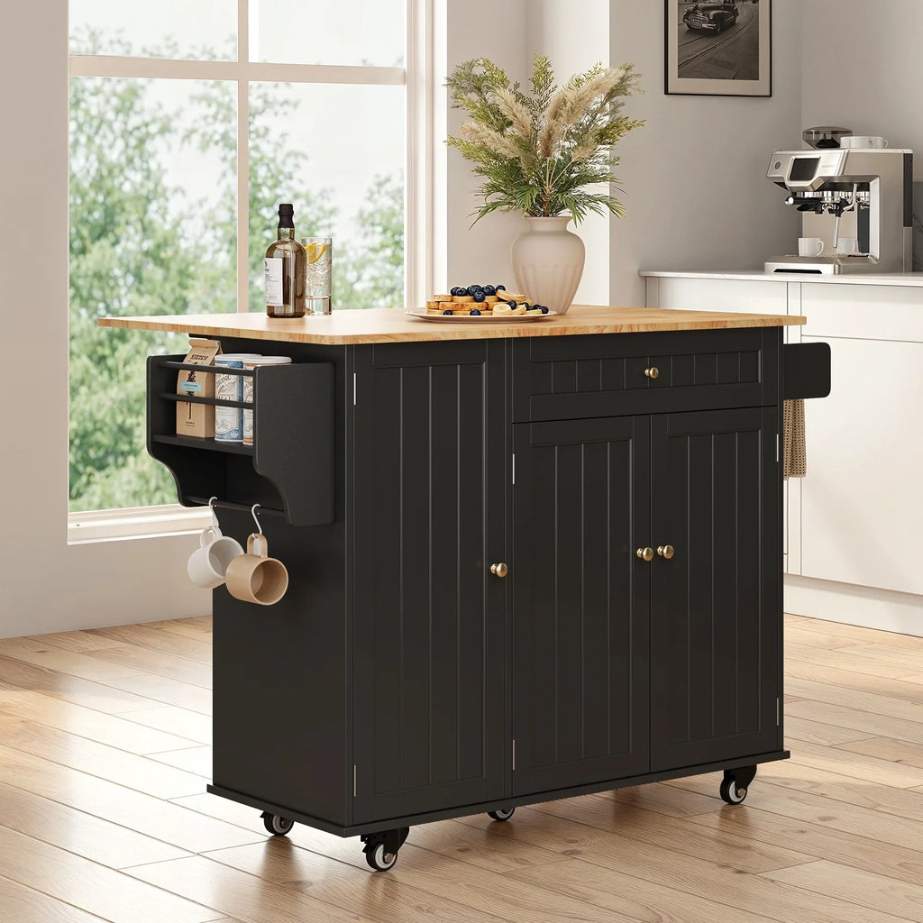 Nouveauté 2026 – Îlot de cuisine Noelse avec rangements, table d'appoint rabattable, porte-épices et porte-serviettes pour petites cuisines, blanc