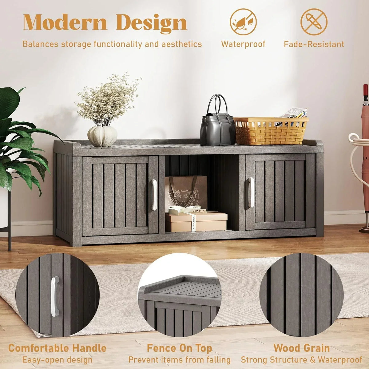 Nouveauté 2026 – Meuble de rangement à chaussures d'extérieur KAMABOKO , banc de rangement étanche et résistant aux UV pour entrée, intérieur et extérieur, avec 2 portes coulissantes de style grange et étagères réglables pour entrée, chambre, couloir