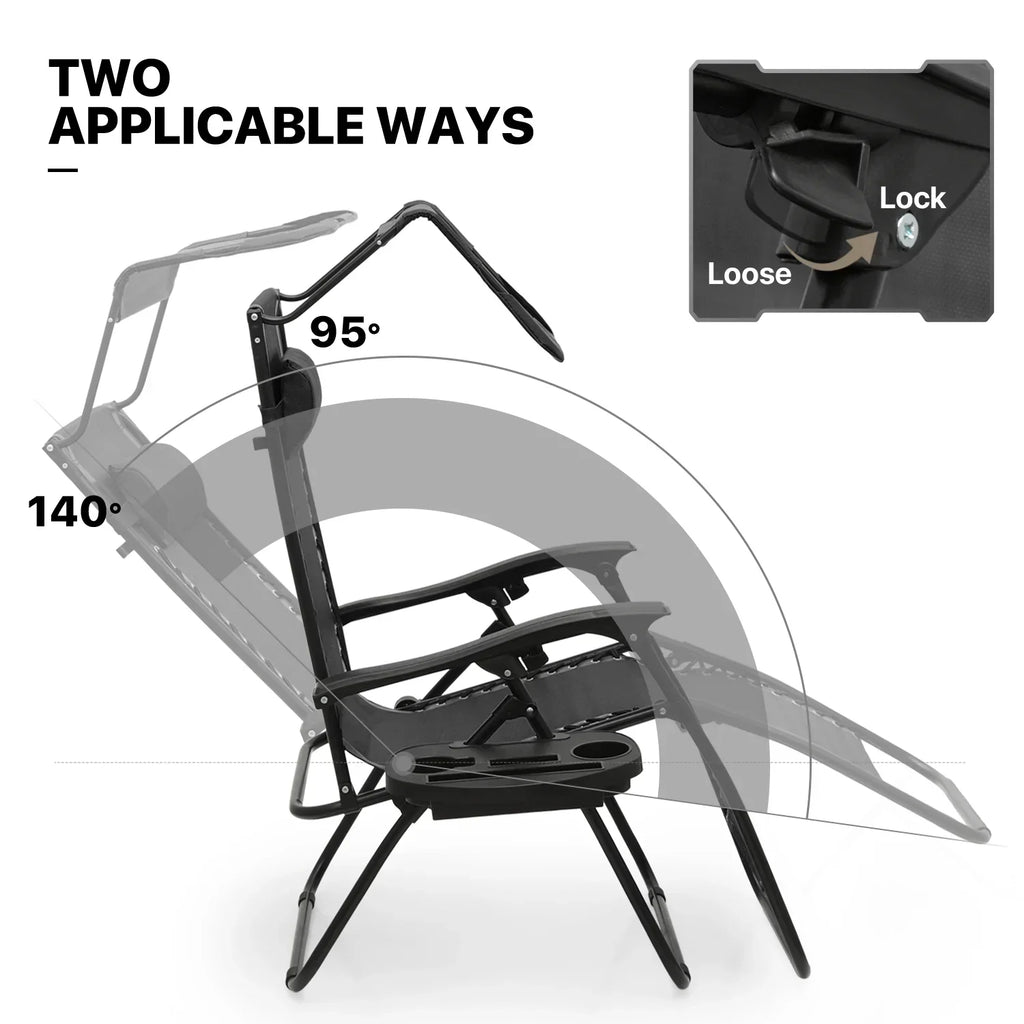 Nouveauté 2026 – Ensemble de 2 chaises MoNiBloom Zero Gravity , fauteuils de plage/terrasse pliables avec auvent et appui-tête, noirs