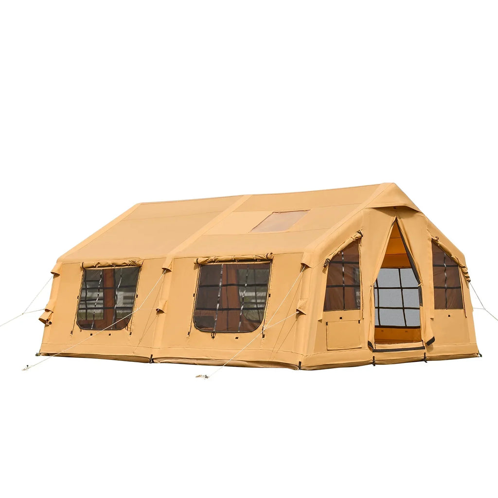 Nouveauté 2026 – Tente gonflable KFFKFF pour 8 à 12 personnes, 4,80 m x 3,60 m x 2,20 m, tente de glamping gonflable avec pompe manuelle, tente gonflable étanche, abri de camping toutes saisons avec double toit ouvrant et sortie pour poêle