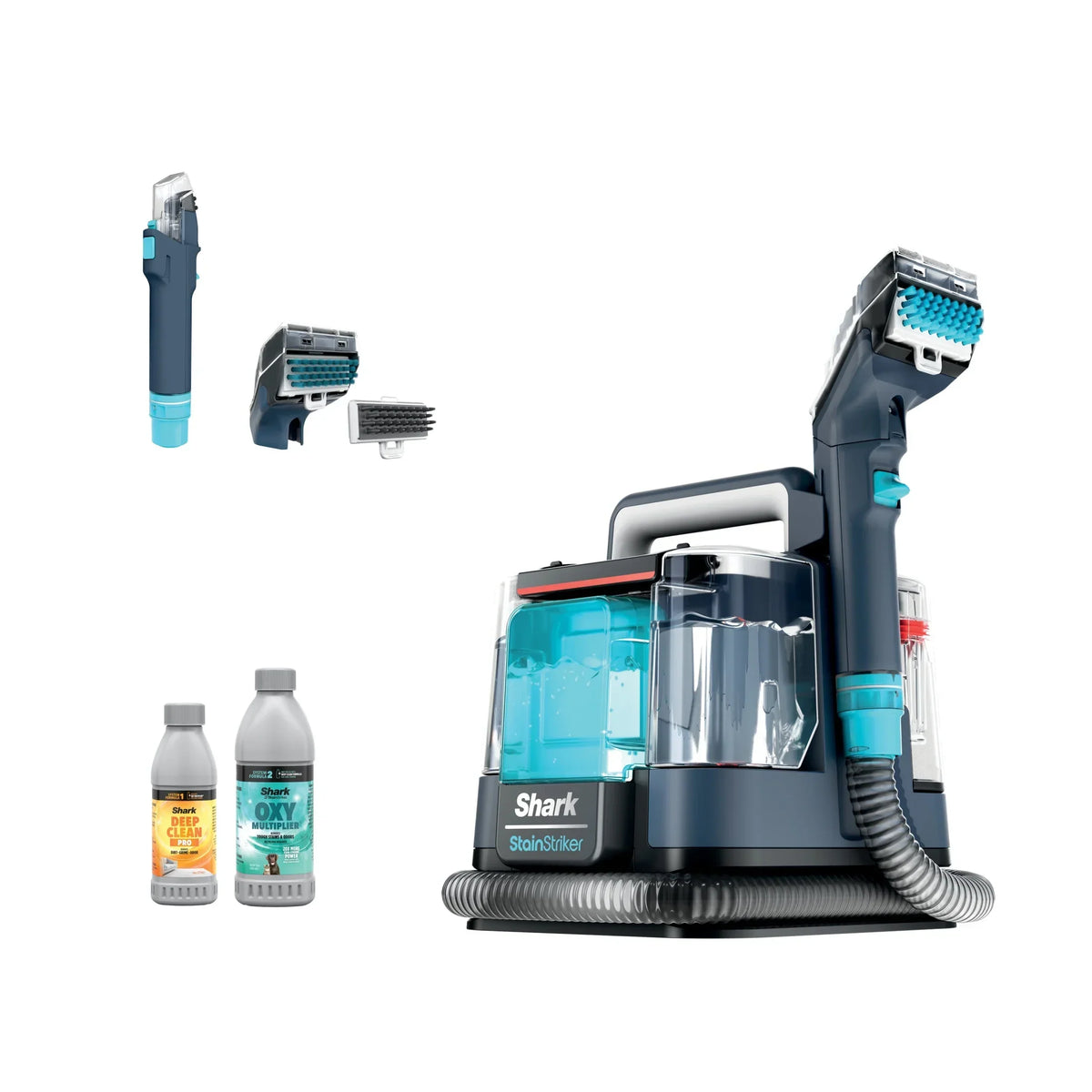 Nouveauté 2026 – Nettoyant pour tapis et tissus d'ameublement Shark StainStriker , portable avec 2 accessoires, 177 ml de formule Deep Clean Pro et 355 ml de formule OXY Multiplier, PX200 bleu marine/blanc