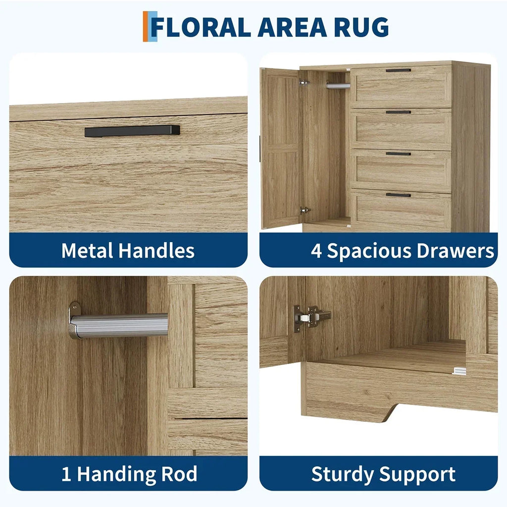 Nouveauté 2026 – Armoire-penderie en bois Ataucjin avec 4 tiroirs et une porte, hauteur 110 cm (43,3 po), avec tringle, rangement pour vêtements, commode à 4 tiroirs avec placard de rangement