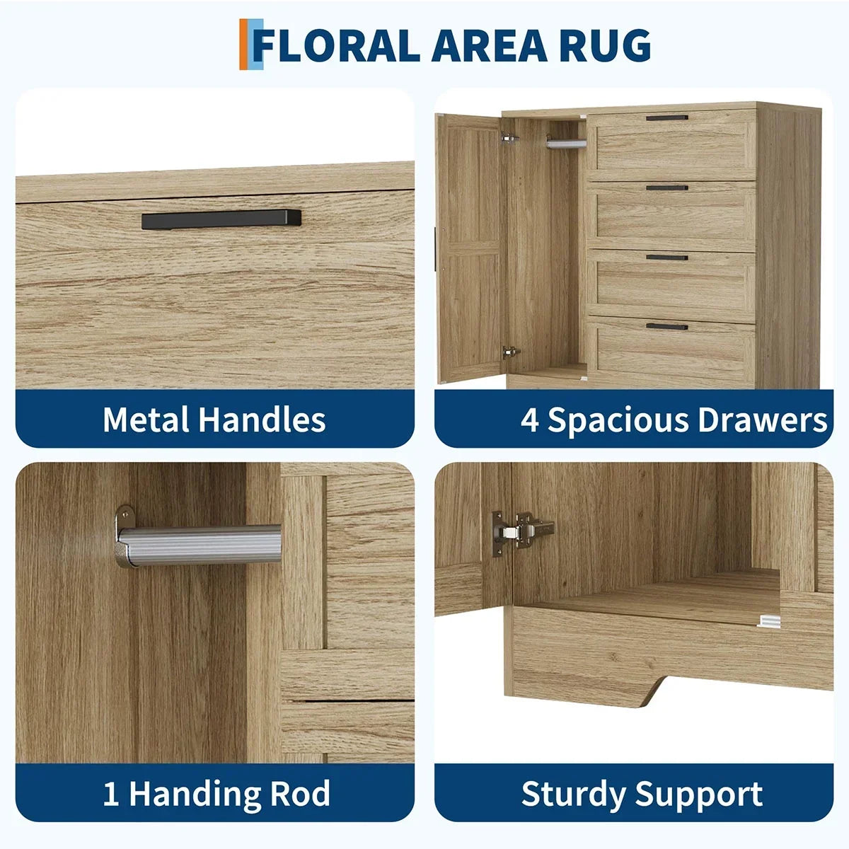 Nouveauté 2026 – Armoire-penderie en bois Ataucjin avec 4 tiroirs et une porte, hauteur 110 cm (43,3 po), avec tringle, rangement pour vêtements, commode à 4 tiroirs avec placard de rangement