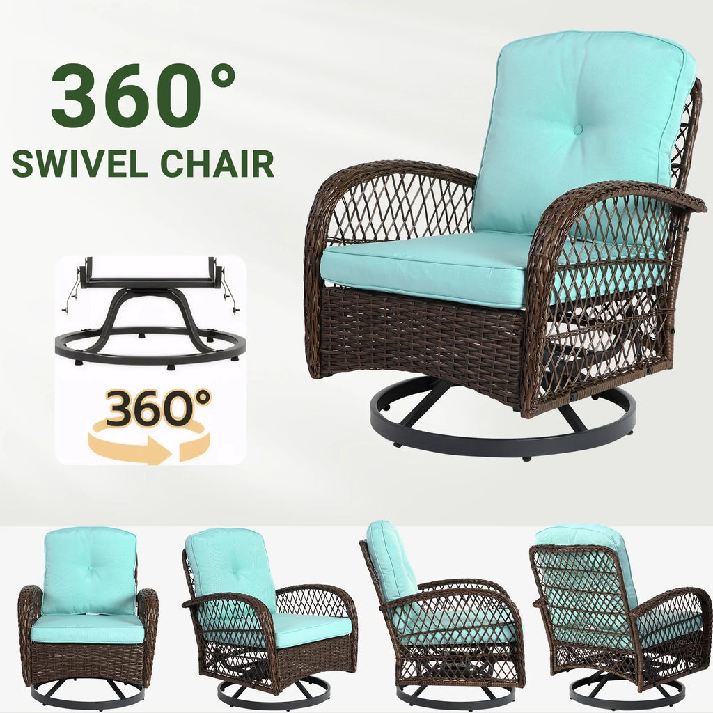 Nouveauté 2026 – Ensemble de 3 fauteuils à bascule pivotants pour patio, 2 fauteuils à bascule pivotants à 360 degrés et 1 table basse en verre, ensemble bistro d'extérieur en rotin PE avec coussins pour balcon, terrasse, piscine, jardin ou véranda