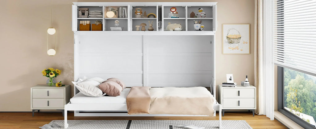 Nouveauté 2026 – Lit escamotable mural Queen Size avec rangements supérieurs, gris