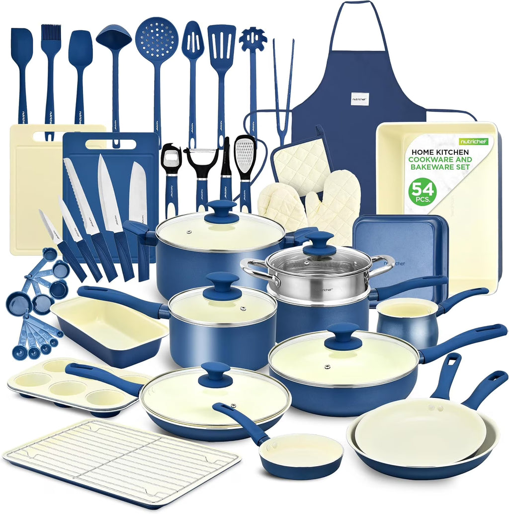 Nouveauté 2026 – Ensemble de cuisine 54 pièces – Ensemble complet de casseroles et poêles en céramique antiadhésive avec ustensiles, moules à pâtisserie et couteaux, compatible gaz, électrique et induction, rose poudré – Indispensables pour la cuisin