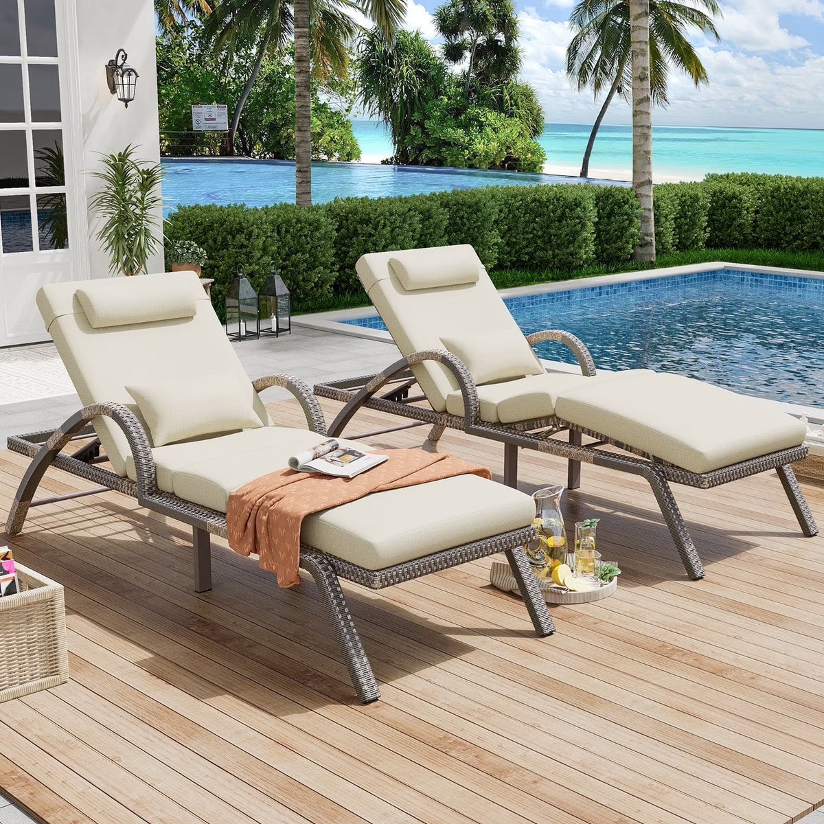 Nouveauté 2026 – MEISSALIVVE Ensemble de 4 chaises longues d'extérieur, chaises de piscine avec dossier réglable à 5 positions, chaise longue en rotin PE pour terrasse, porche et jardin (gris