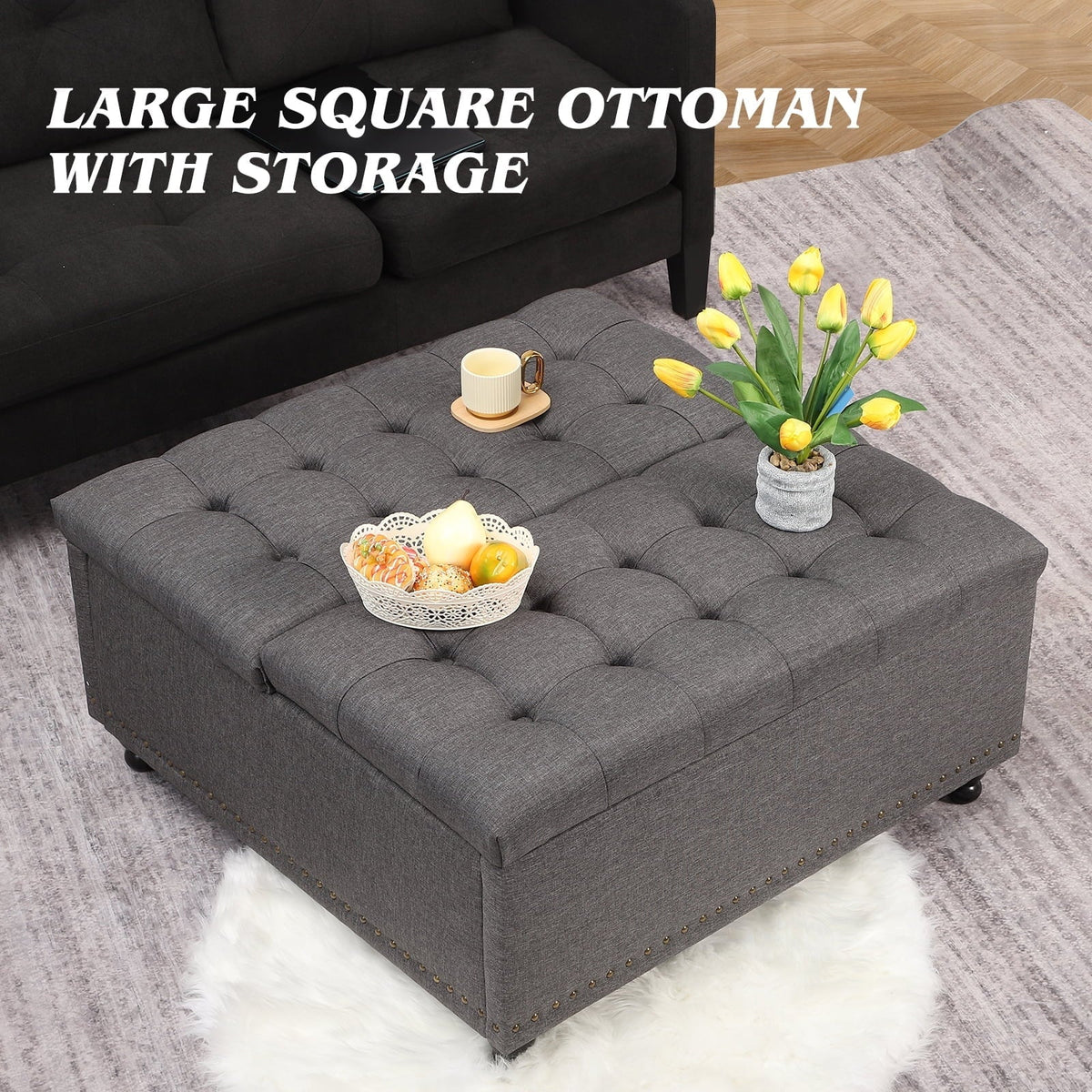 Nouveauté 2026 – Pouf de rangement carré Magic Union 35" , grand modèle, avec plateau relevable et revêtement capitonné, idéal pour le salon (beige