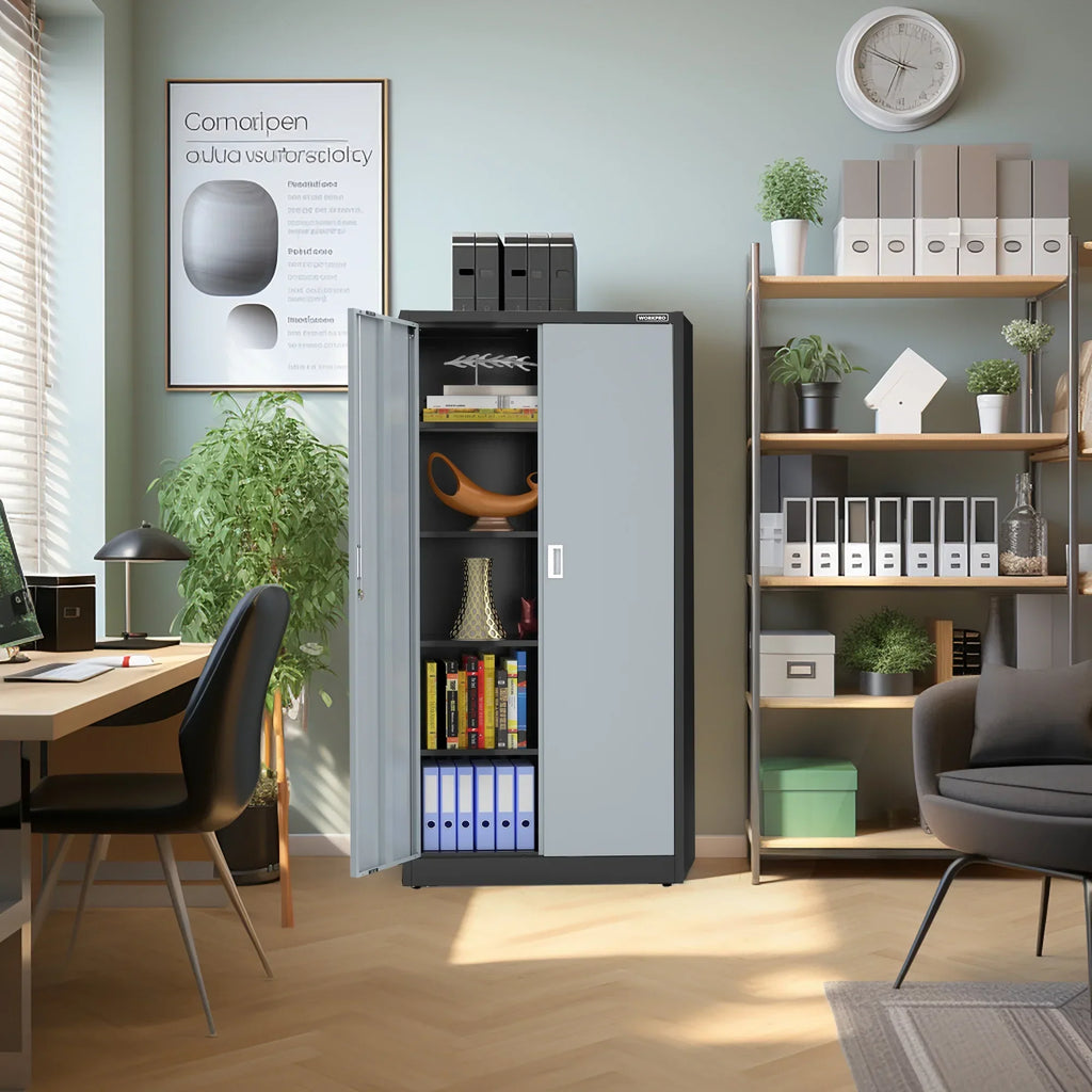 Nouveauté 2026 – Armoire de rangement métallique WORKPRO avec portes verrouillables et étagères réglables, hauteur 180 cm (71 pouces), idéale pour les outils, le bureau, la maison et les ateliers (noir), emballage soigné