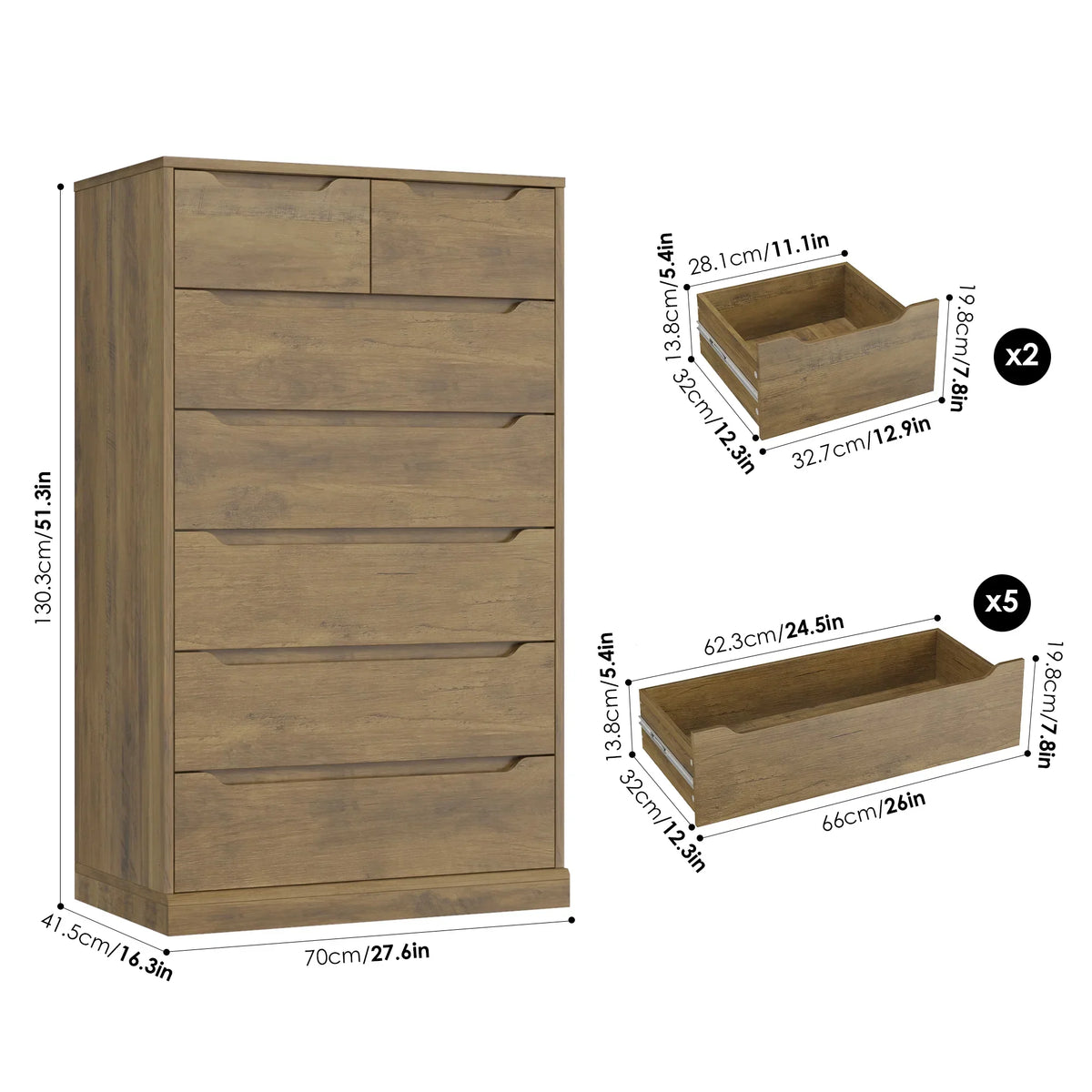 Nouveauté 2026 – Commode blanche Homfa 7 tiroirs, 130 cm de hauteur, meuble de rangement en bois avec base stable améliorée, commode verticale pour chambre ou salon