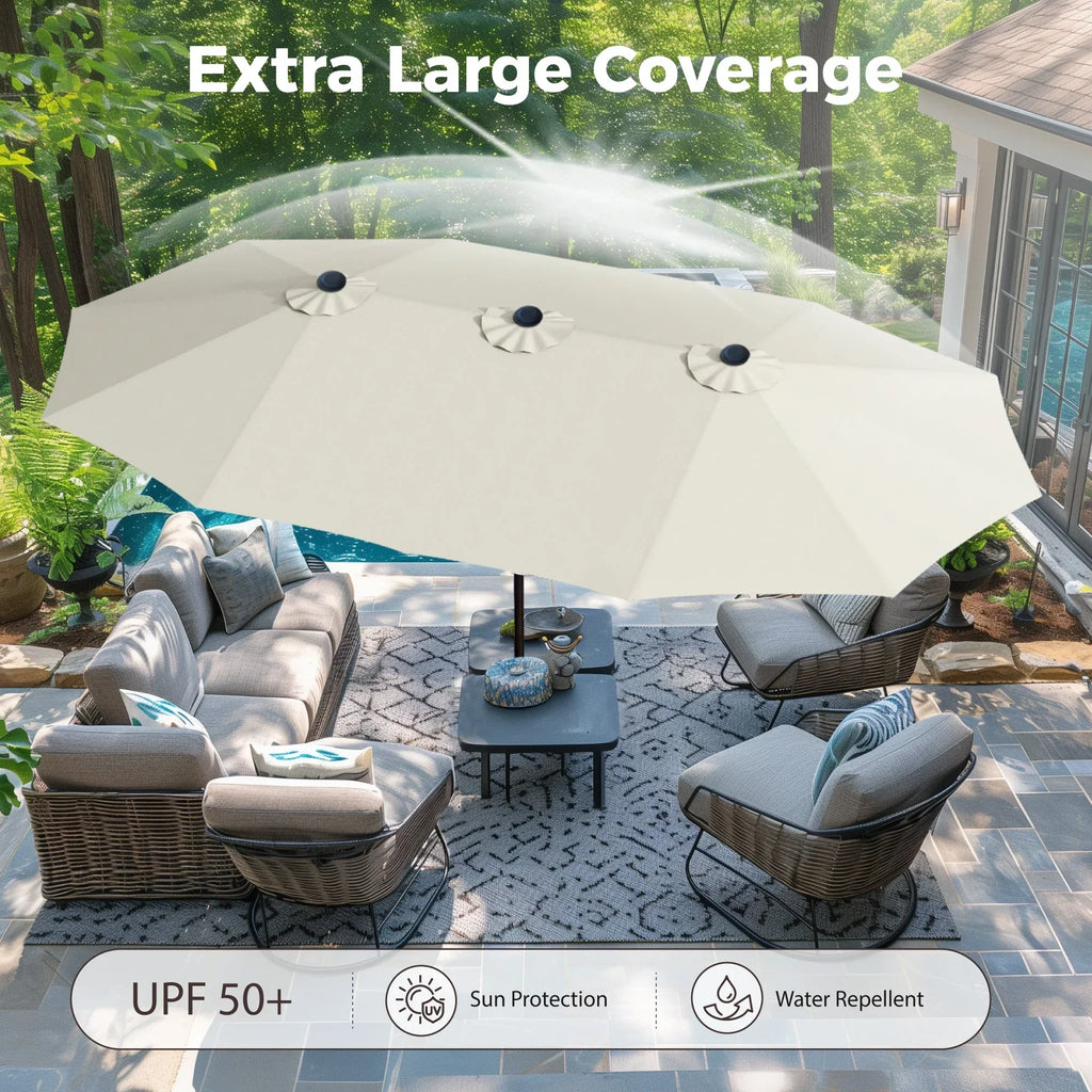 Nouveauté 2026 – Parasol de jardin extra-large Alpha Joy 4,57 m (15 pi) à double face avec manivelle et base - Gris fumé
