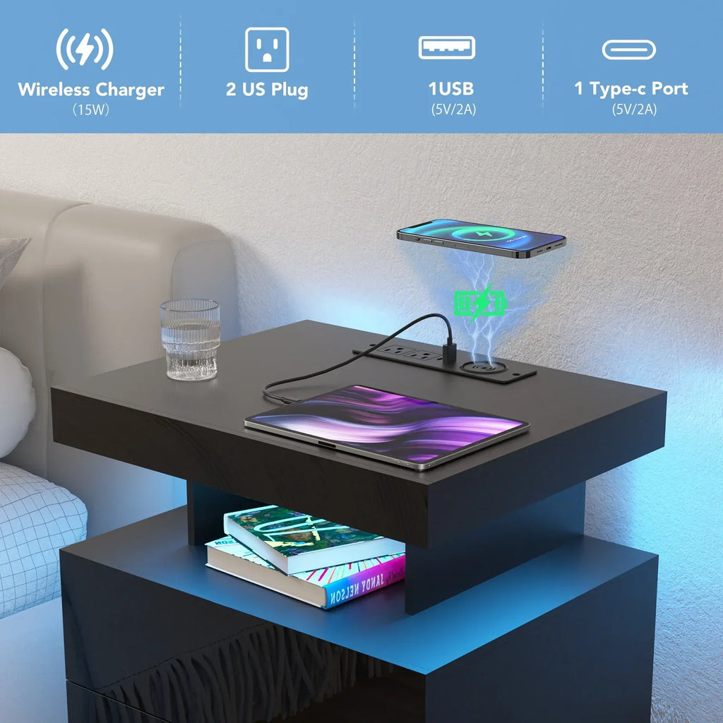 Nouveauté 2026 – Table de chevet LED Hommpa avec station de charge sans fil, ports USB Type-C, 3 tiroirs, finition laquée noire, style moderne et élégant, hauteur 68 cm (26,8 pouces). Idéale pour la chambre à coucher