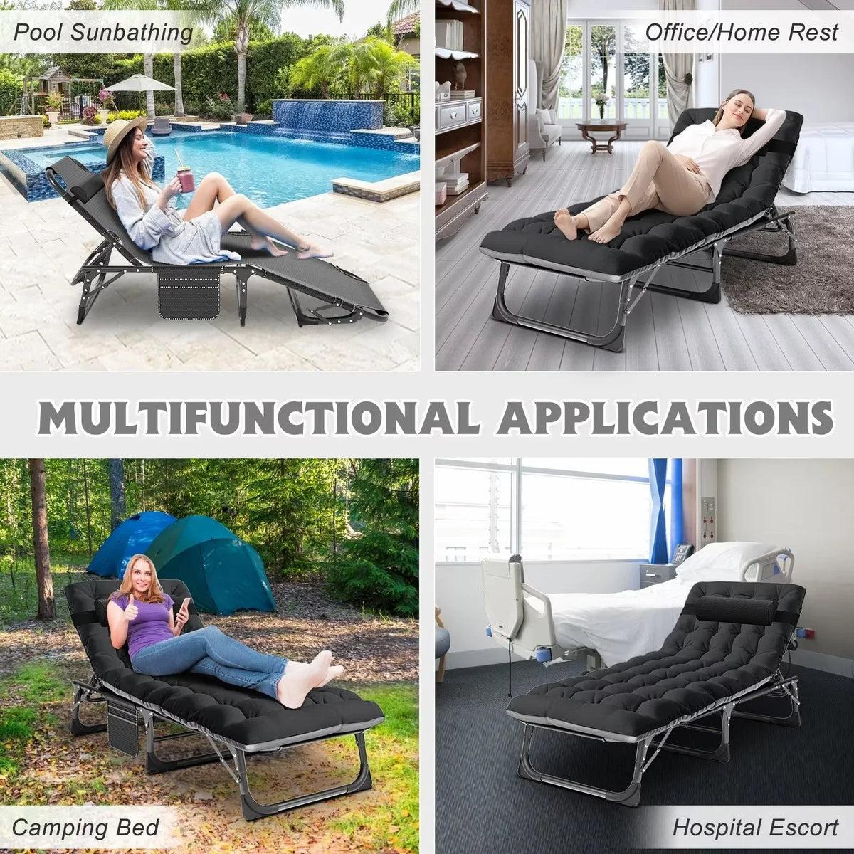 Nouveauté 2026 – Chaise longue MOPHOTO avec matelas, supportant jusqu'à 200 kg, lit de camp portable et robuste, réglable, idéal pour le camping, la piscine, la plage et la terrasse