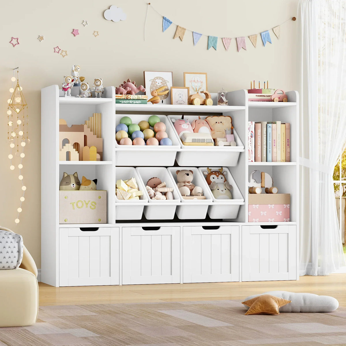 Nouveauté 2026 – Bibliothèque enfant Hiphuta à 3 niveaux avec rangement pour jouets, en bois, composée de 6 boîtes et 4 tiroirs amovibles, blanche