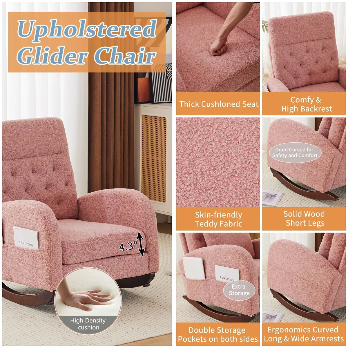 Nouveauté 2026 – Fauteuil à bascule Ktaxon , fauteuil de lecture inclinable, confortable, revêtu de velours peluche, canapé à bascule une place, beige, idéal pour le salon, la chambre d'enfant ou la chambre à coucher