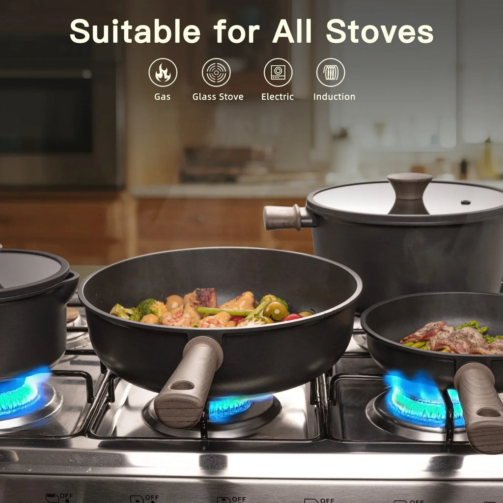 Nouveauté 2026 – Ensemble de 18 pièces Astercook , casseroles et poêles antiadhésives avec élégante poignée en bois, compatible four jusqu'à 250 °C (480 °F), compatible induction, idéal pour les voyages en camping-car, le camping et les pique-niques,