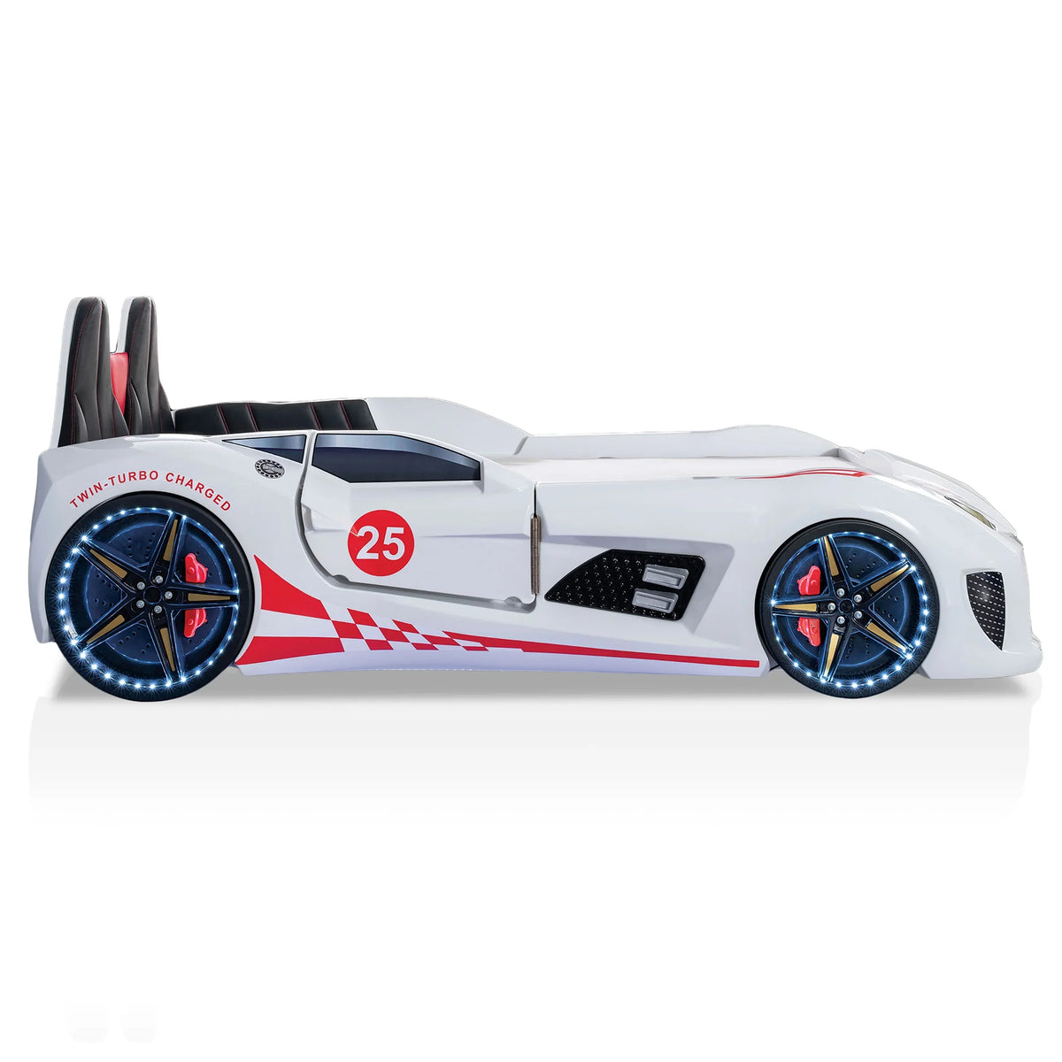 Nouveauté 2026 – Lit double en plastique pour enfants Dash Kids, motif voiture de course, avec LED et son, blanc, Furniture of America