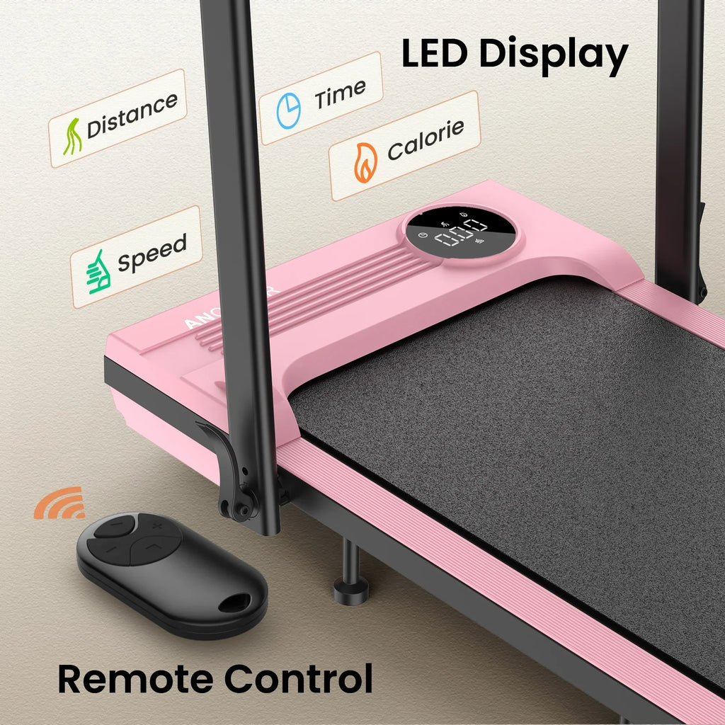 Nouveauté 2026 – Tapis de marche pliable et portable ANCHEER , capacité de 136 kg (300 lb), vitesse de 12 km/h (7,5 mi/h), à placer sous un bureau, avec télécommande et écran LED, 2 en 1, pour la maison, le bureau ou l'exercice (rose