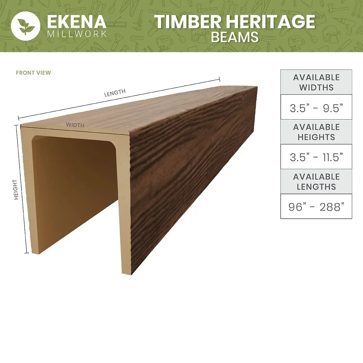 Nouveauté 2026 – Ekena Millwork 3 1/2 po L x 3 1/2 po H x 120 po P 3 côtés (poutre en U) Bois de récupération HeritageTimber Faux bois Poutre de plafond, Brun Kona