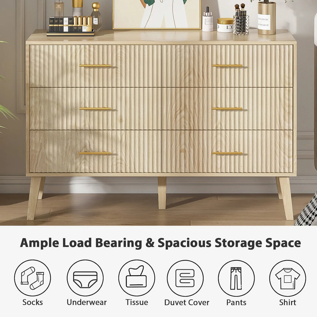 Nouveauté 2026 – Commode à 6 tiroirs Fluted , commode moderne large, commode double à 6 tiroirs