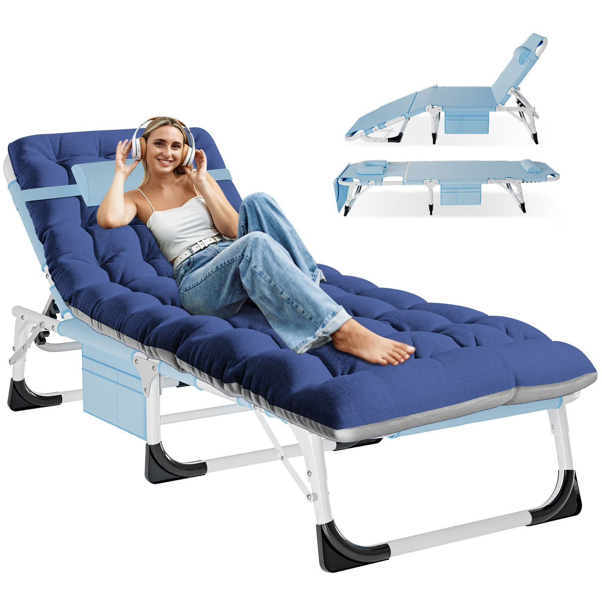 Nouveauté 2026 – Chaise longue MOPHOTO avec matelas, supportant jusqu'à 200 kg, lit de camp portable et robuste, réglable, idéal pour le camping, la piscine, la plage et la terrasse