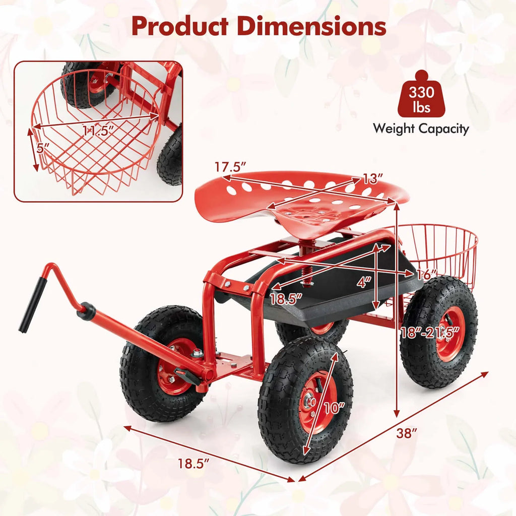 Nouveauté 2026 – Chariot de jardin Costway avec siège de travail roulant et poignée extensible, vert
