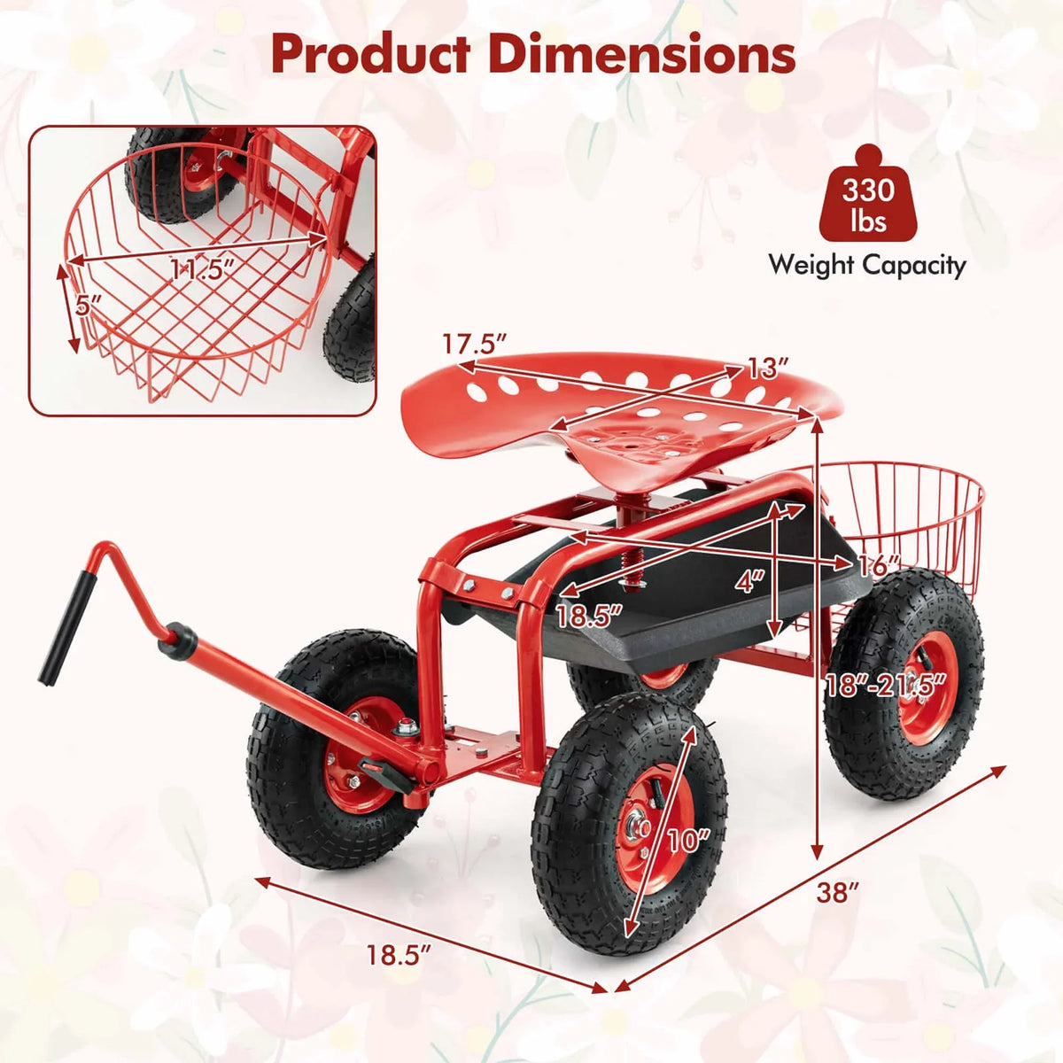 Nouveauté 2026 – Chariot de jardin Costway avec siège de travail roulant et poignée extensible, vert
