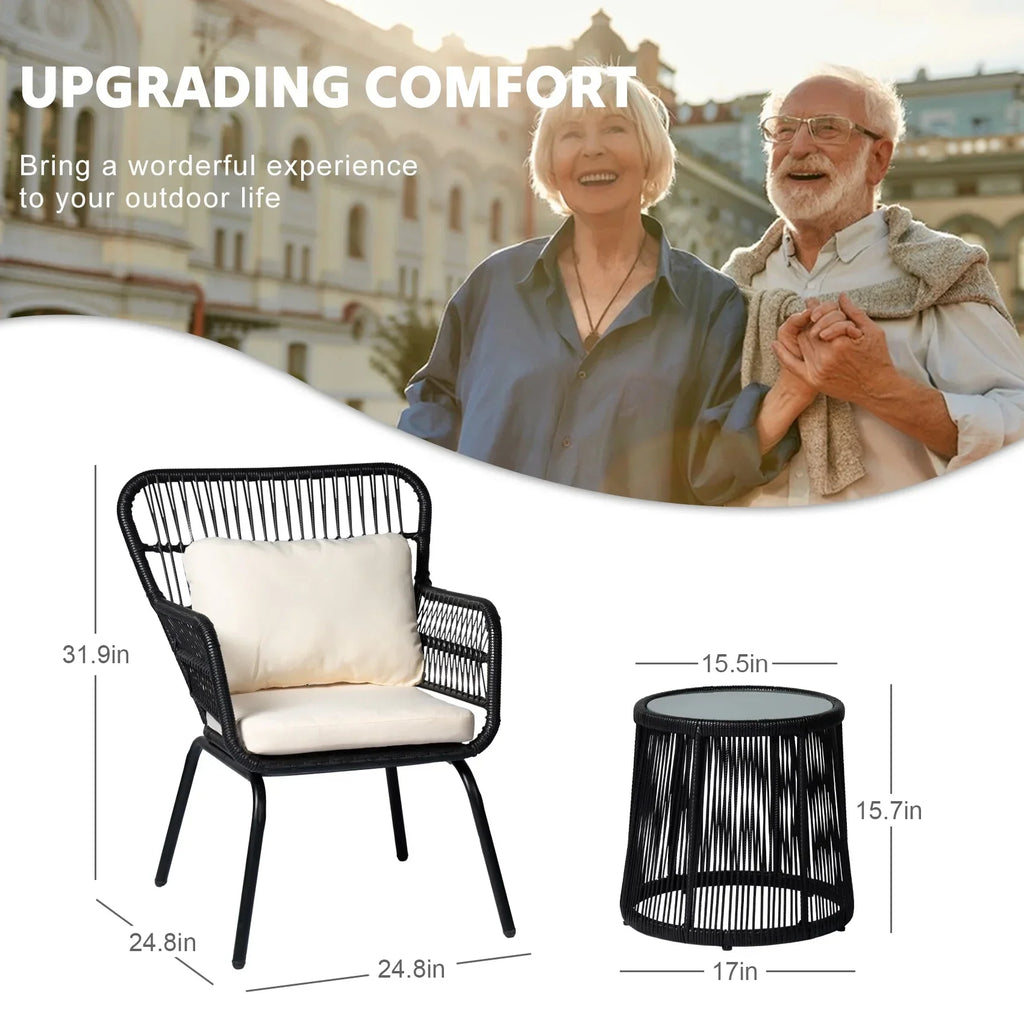Nouveauté 2026 – Ensemble bistro de conversation 3 pièces Tappio pour patio, mobilier de jardin en rotin, table basse en verre et coussins, jaune/beige, idéal pour le jardin, le balcon, la terrasse ou la piscine