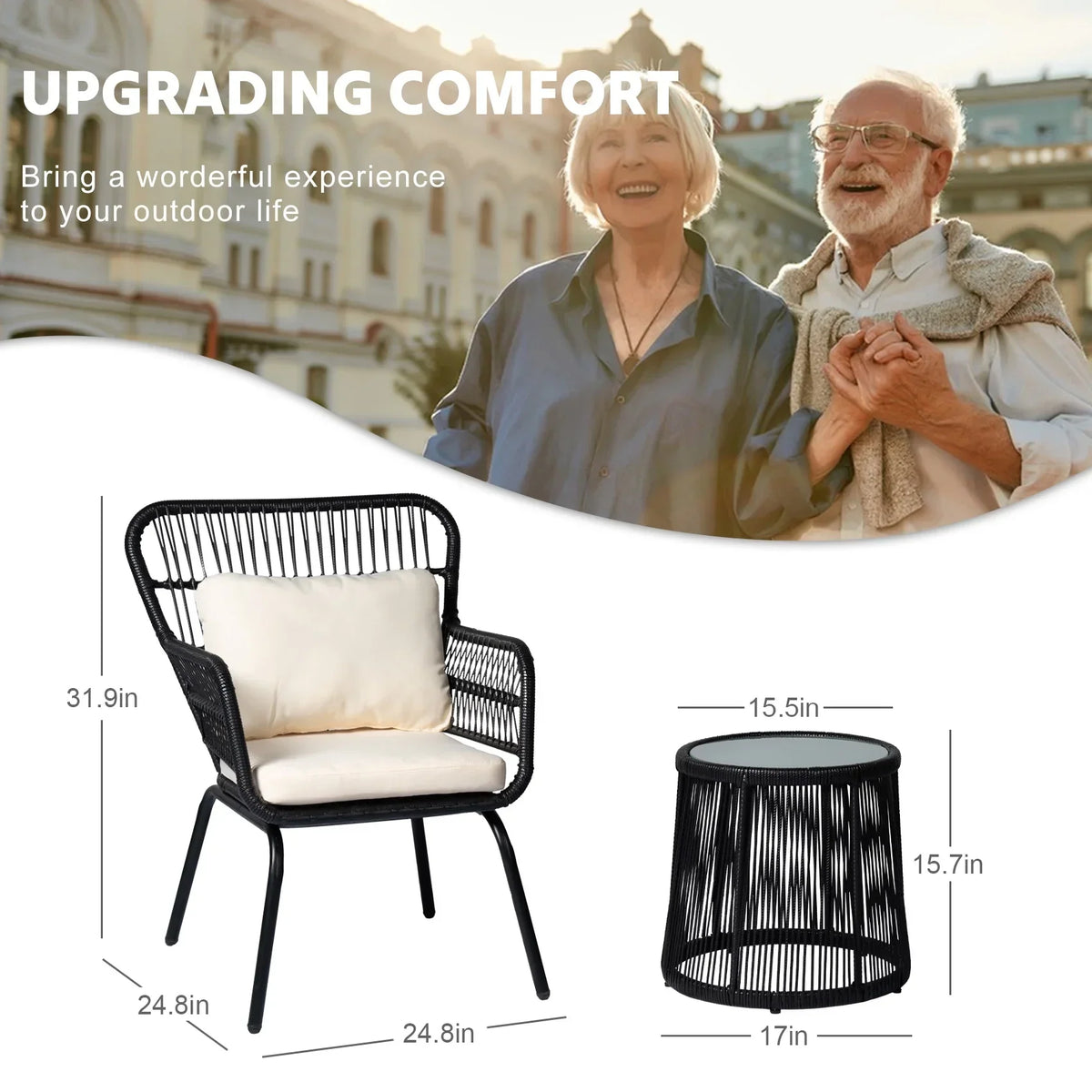 Nouveauté 2026 – Ensemble bistro de conversation 3 pièces Tappio pour patio, mobilier de jardin en rotin, table basse en verre et coussins, jaune/beige, idéal pour le jardin, le balcon, la terrasse ou la piscine
