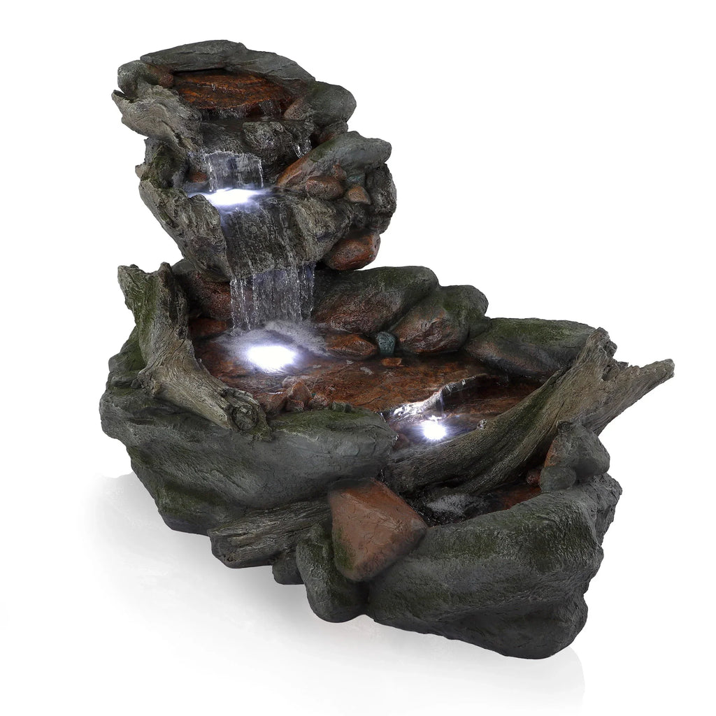 Nouveauté 2026 – Fontaine d'extérieur à 3 niveaux en pierre de forêt tropicale avec éclairage LED, Alpine Corporation