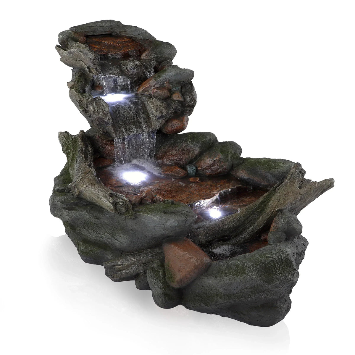 Nouveauté 2026 – Fontaine d'extérieur à 3 niveaux en pierre de forêt tropicale avec éclairage LED, Alpine Corporation