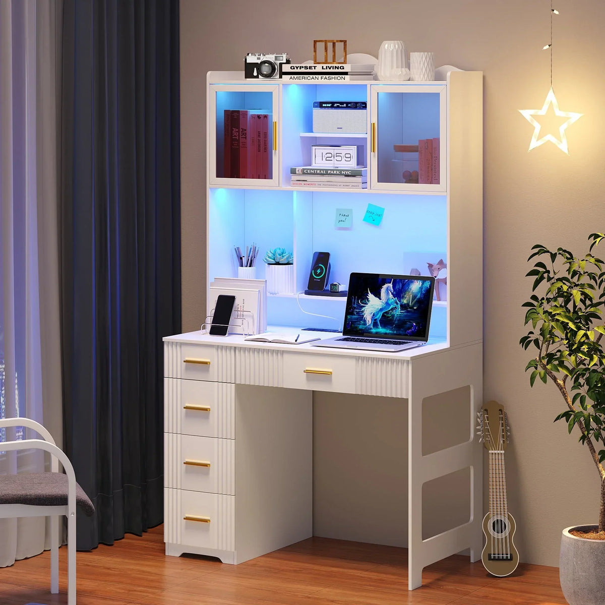 Nouveauté 2026 – Bureau d'étude LED HNEBC avec étagère et tiroir, bureau pour bureau à domicile avec prise électrique, bureau d'ordinateur avec station de charge, bureau d'écriture pour chambre, poste de travail pour petits espaces