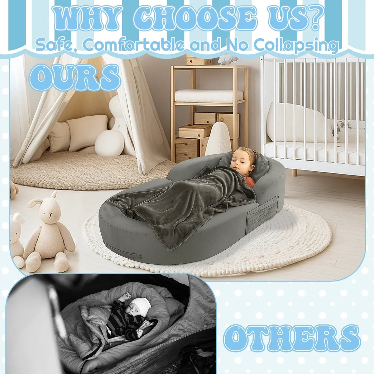 Nouveauté 2026 – Lit de voyage pour tout-petits Coumy 2-en-1 avec housse amovible, matelas pliable et portable en mousse souple, sac de transport inclus, bleu