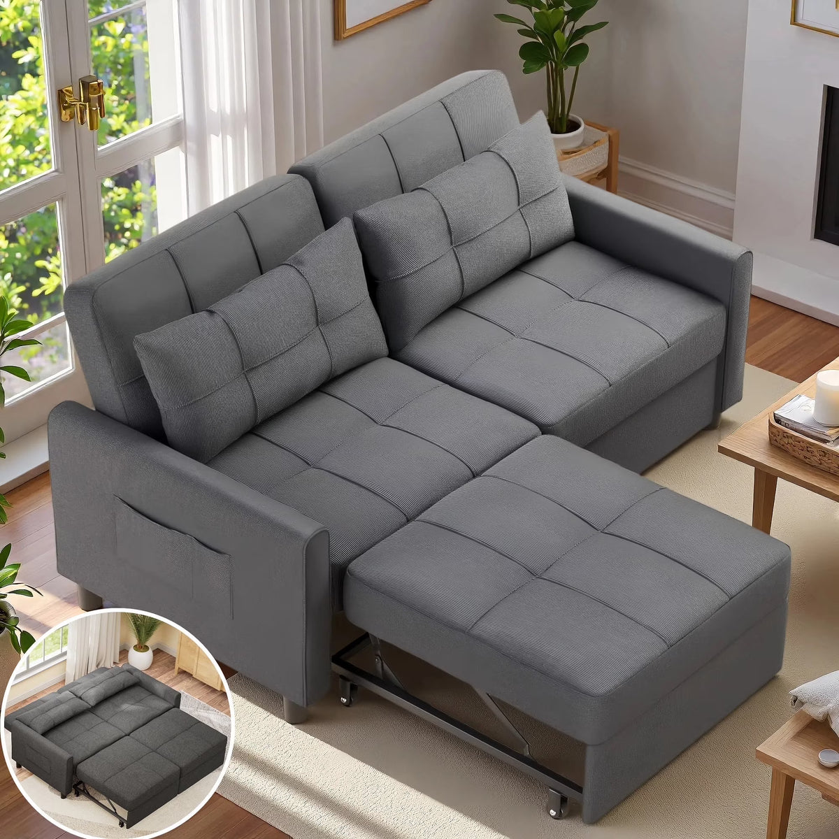 Nouveauté 2026 – Canapé-lit convertible 3 en 1 Lofka avec rangement, dossier réglable et fonction gigogne - Fauteuil-lit idéal pour les petits espaces et les appartements, gris foncé