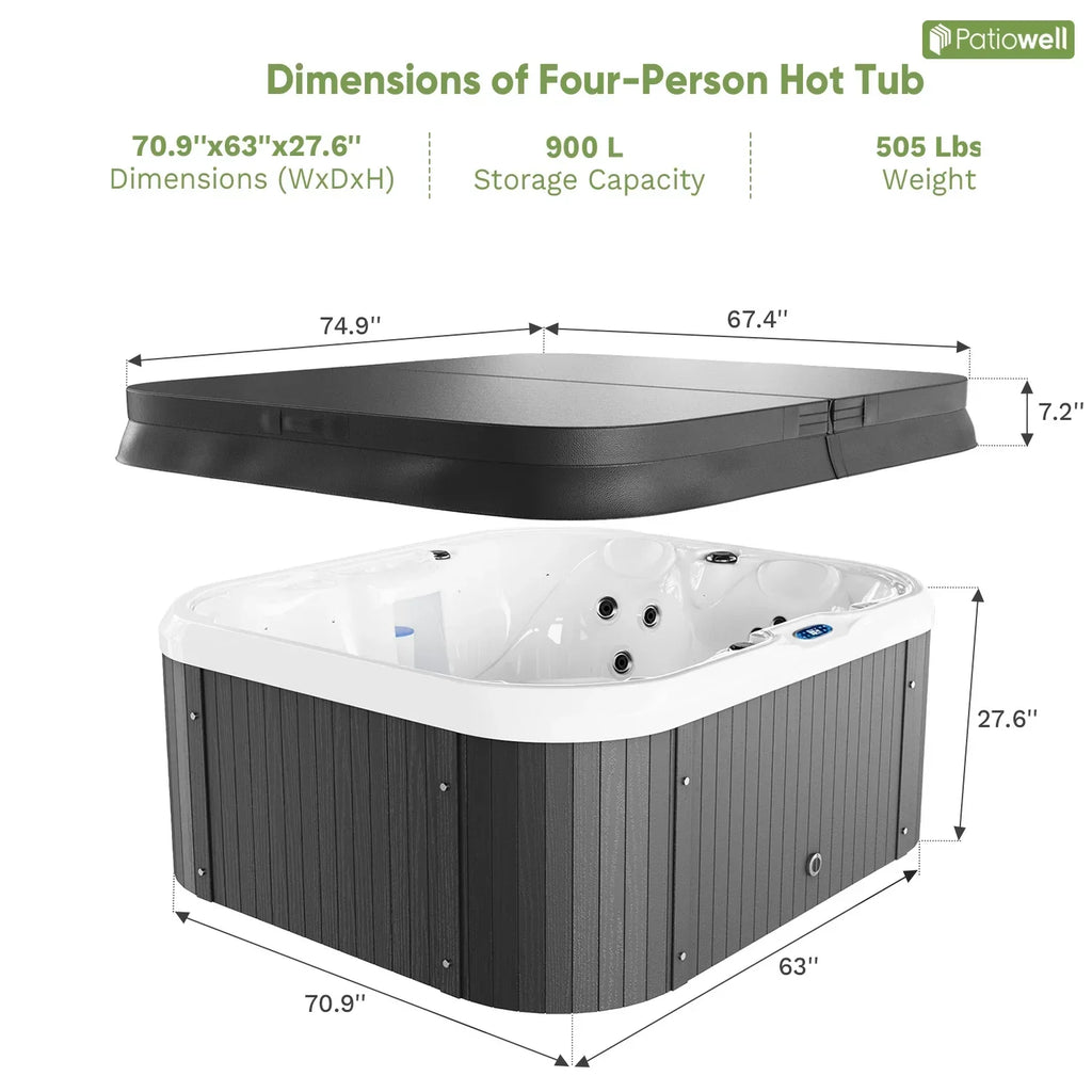Nouveauté 2026 – Spa extérieur Patiowell 2 places , 41 jets de massage, éclairage LED, système de purification d'eau intégré, 900 L, noir