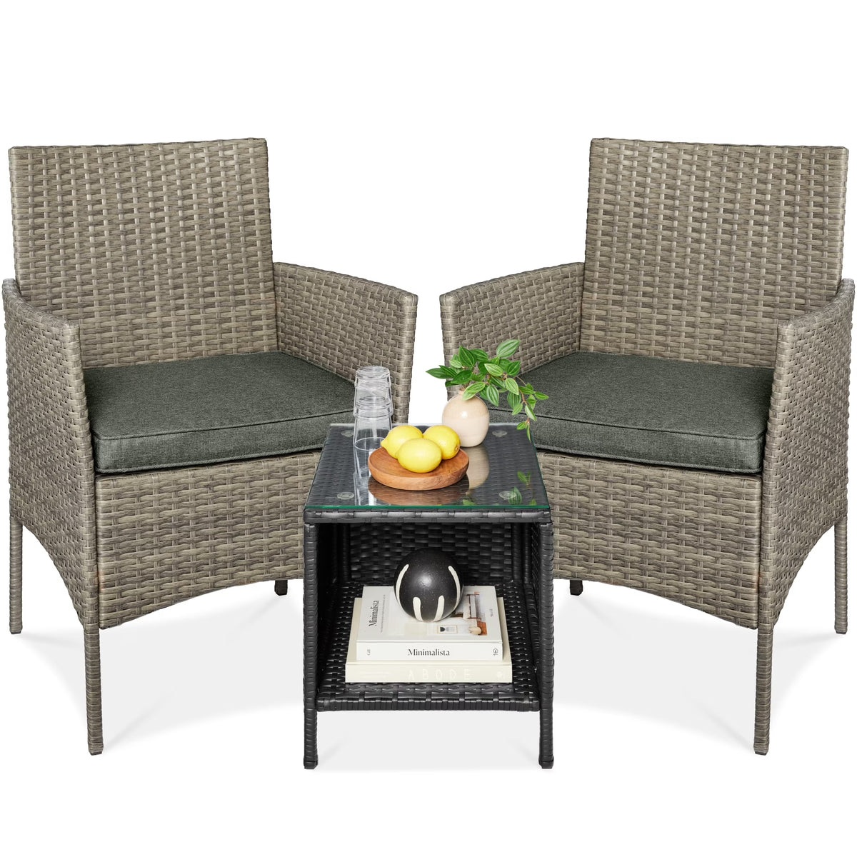 Nouveauté 2026 – Ensemble bistro de jardin 3 pièces en résine tressée Best Choice Products , avec 2 chaises et une table - Gris/Bleu marine