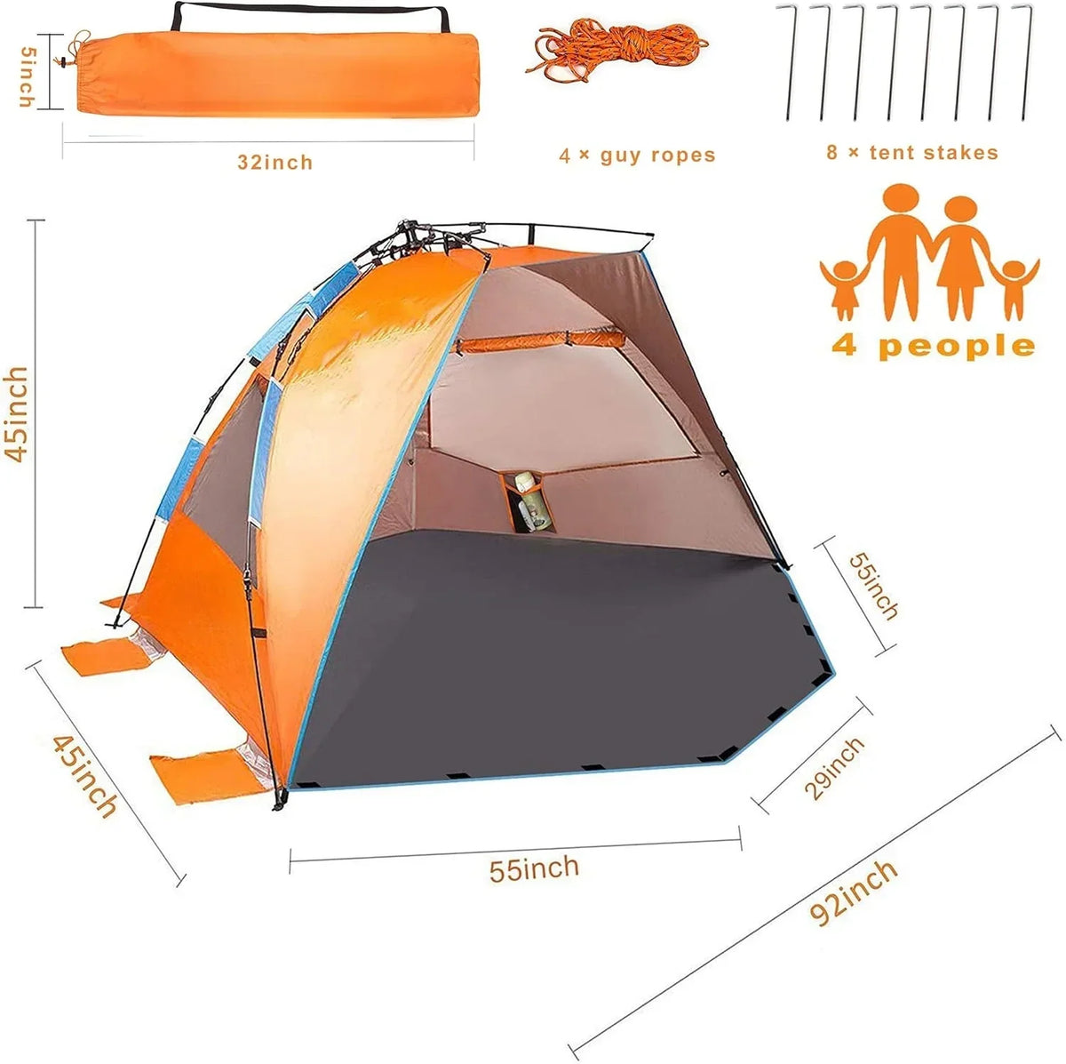 Nouveauté 2026 – Tente de plage 4 personnes X-Large - Abri solaire portable et instantané avec sac de transport, piquets, 6 poches à sable, protection UV, idéale pour la pêche, la randonnée et le camping. Imperméable et coupe-vent. Couleur orange
