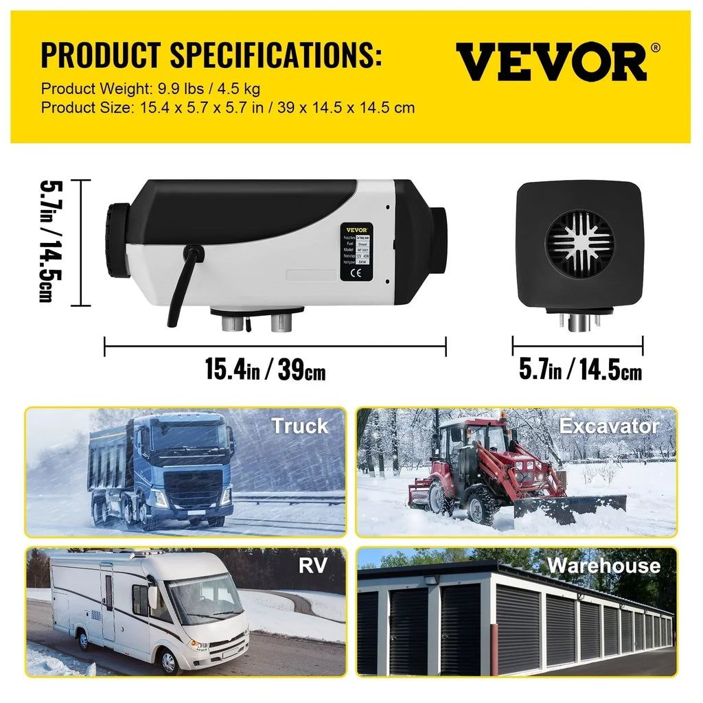 Nouveauté 2026 – Chauffage d'air diesel VEVORbrand 5 kW, réservoir de 10 L, chauffage diesel 12 V avec silencieux, thermostat LCD et télécommande pour camping-cars, bus, remorques, caravanes et bateaux