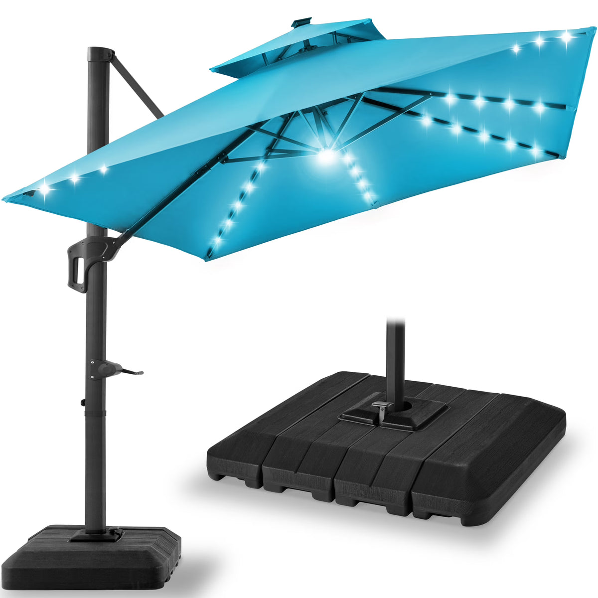 Nouveauté 2026 – Parasol de terrasse carré déporté à deux niveaux, 3 x 3 m, à éclairage solaire LED, avec base incluse (Best Choice Products, ) - Beige