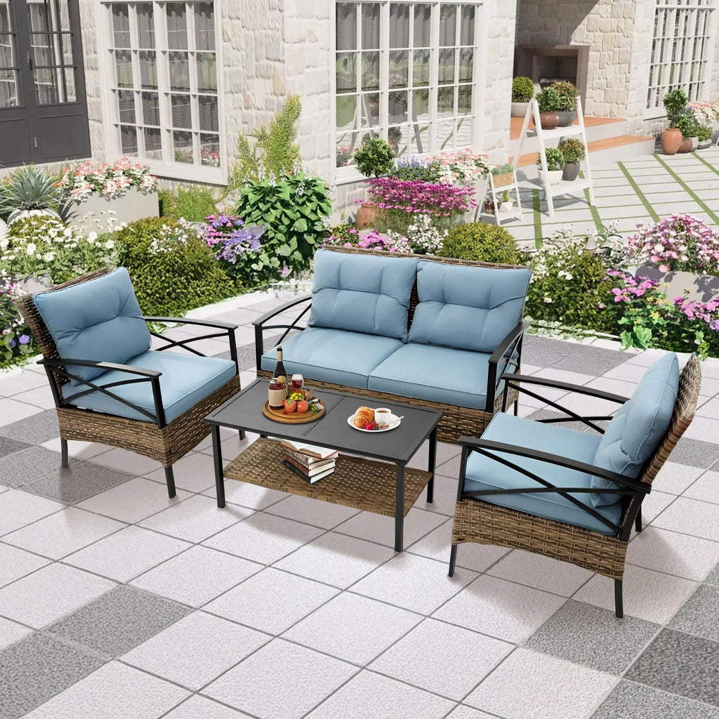 Nouveauté 2026 – Ensemble de mobilier de patio robuste , ensemble de conversation d'extérieur sectionnel 4 pièces, ensemble de canapé de patio en rotin PE marron avec coussins bleus