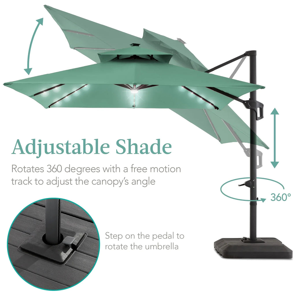 Nouveauté 2026 – Parasol de terrasse carré déporté à deux niveaux, 3 x 3 m, à éclairage solaire LED, avec base incluse (Best Choice Products, ) - Beige