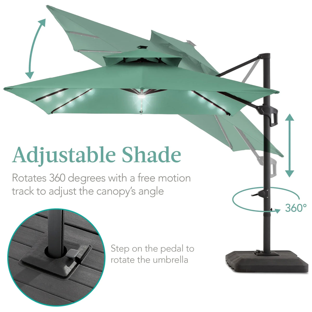 Nouveauté 2026 – Parasol de terrasse carré déporté à deux niveaux, 3 x 3 m, à éclairage solaire LED, avec base incluse (Best Choice Products, ) - Beige