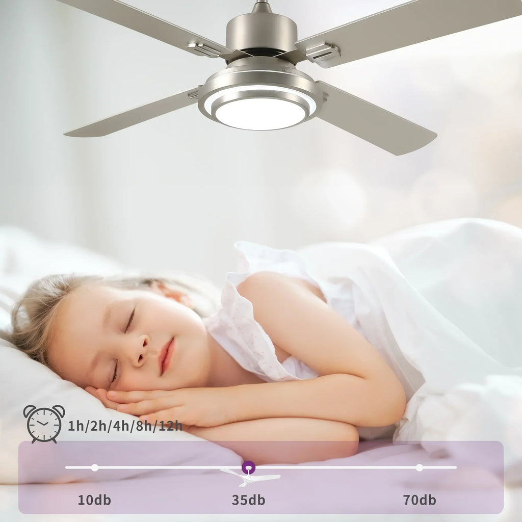 Nouveauté 2026 – Ventilateur de plafond Dextrus 52'' avec lumière et télécommande, 6 vitesses, 5 réglages de minuterie et pales à double finition (nickel