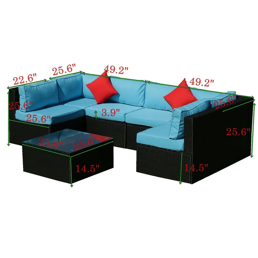 Nouveauté 2026 – Ensemble de mobilier de patio 7 pièces , canapé d'angle en rotin PE, ensemble de conversation avec coussins et table basse en verre, pour balcon, pelouse et jardin, gris