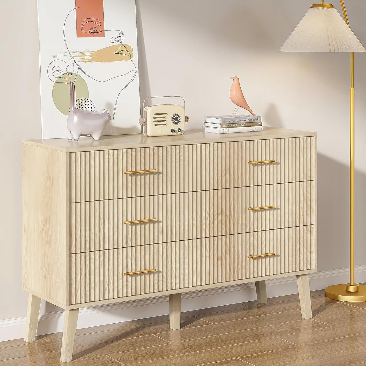 Nouveauté 2026 – Commode à 6 tiroirs Fluted , commode moderne large, commode double à 6 tiroirs